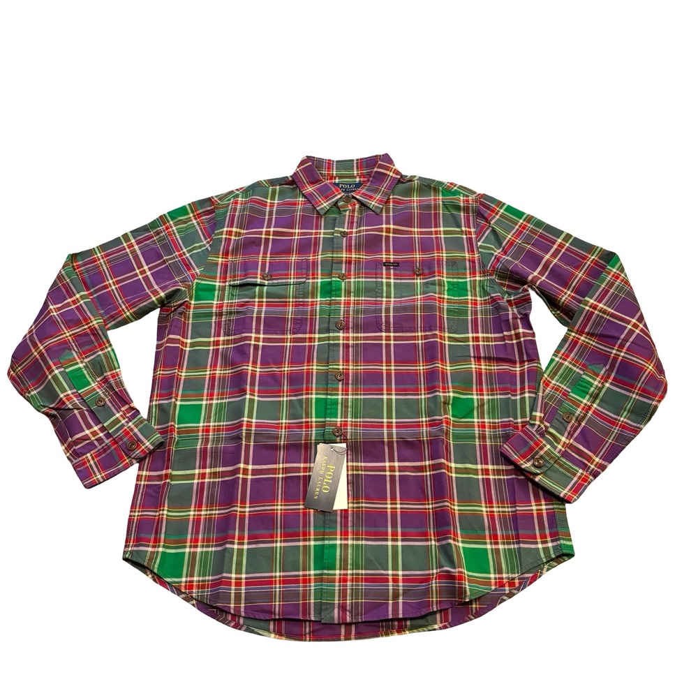 Polo Ralph Lauren Mens Classic Fit Plaid Button Down Shirt Purple Green Size L